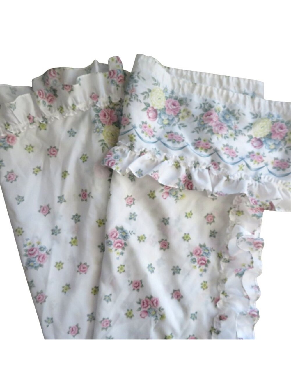 Vintage Floral Ruffled Shower Curtain Pink Blue Yellow Rose Print - 2 Panels